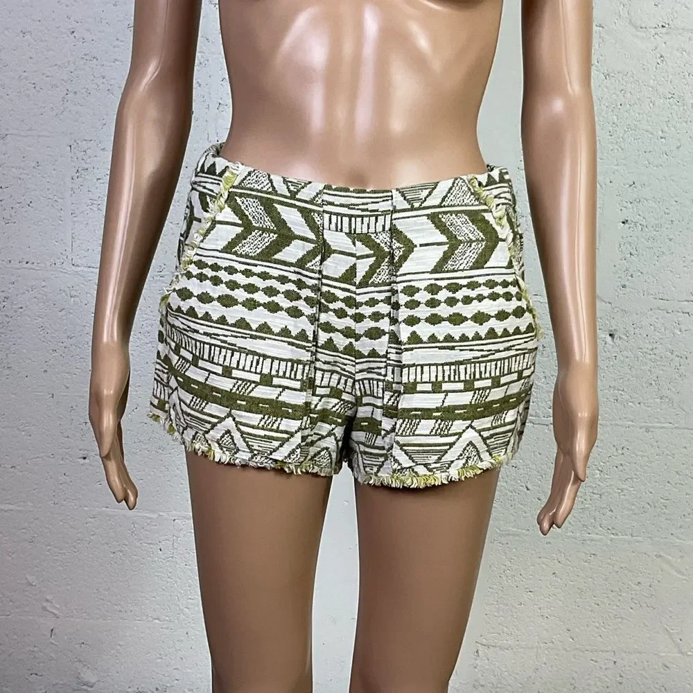 ZARA Trafaluc Y2K green ivory Aztec tapestry fringe shorts XS